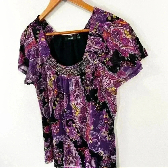 Apt 9 purple and black paisley print short sleeved shirt - Picture 2 of 3